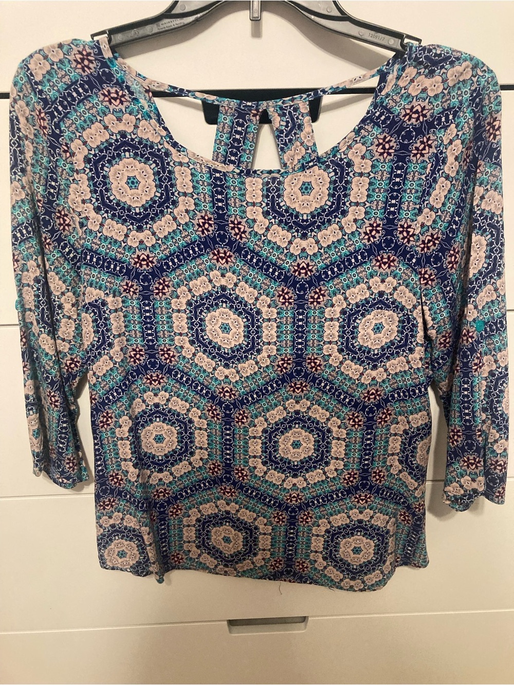 Copper Key Blue and Cream Geometric Long Sleeve Top